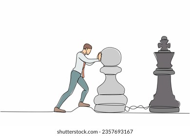 Continuous one line drawing intellect businessman push huge pawn chess piece to beat king. Strategic thinking and smart move in business play game. Single line draw design vector graphic illustration
