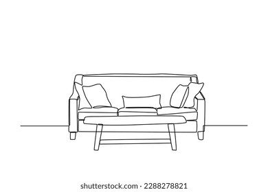 Continuous one line drawing Interior of the living room with sofa and decoration accessories. Living room concept. Single line draw design vector graphic illustration.