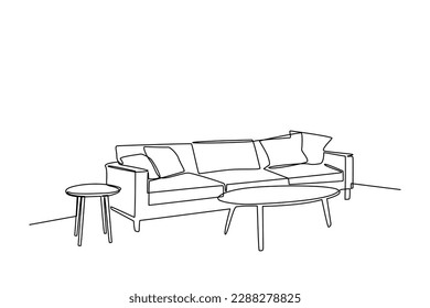 Dibujo continuo de una línea Interior de la sala de estar con sofá y accesorios de decoración. El concepto de salón. Ilustración gráfica vectorial de diseño de líneas simples.