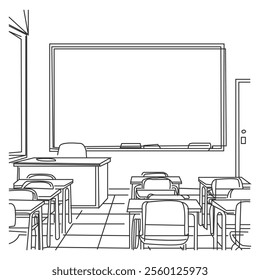 Continuous one line drawing interior design at school classroom with white board. Empty school classroom, 3d rendering interior illustration, Back to school design template.