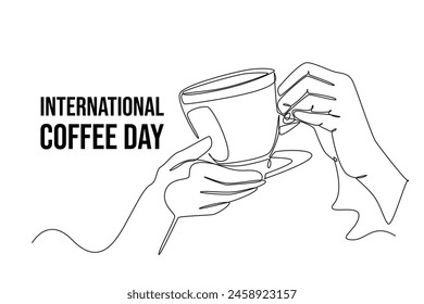 Continuous one line drawing International coffee day. Doodle vector illustration.	