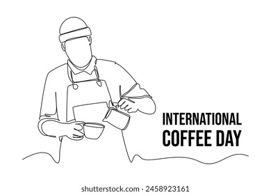 Continuous one line drawing International coffee day. Doodle vector illustration.	