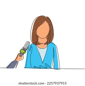 Continuous one line drawing interview with young girl. Digital journalism. News conference world live tv hands of journalists microphones interview concept. Single line draw design vector illustration