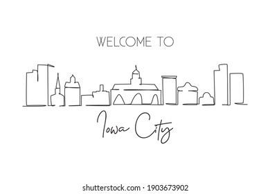 Continuous one line drawing Iowa City skyline. Beautiful landmark gallery artwork. World landscape tourism travel wall decor poster print art. Stylish single line draw design vector illustration