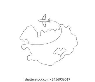 Plano continuo de una línea del mapa de Irlanda con el avión. Irlanda - Mapa europeo combinado con la Ilustración vectorial de contorno simple del avión. Trazo editable.