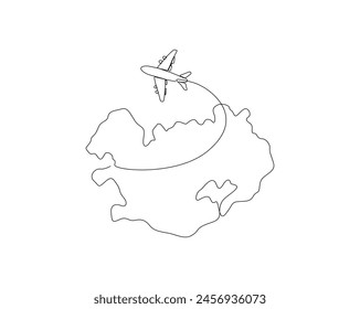 Plano continuo de una línea del mapa de Irlanda con el avión. Mapa de Irlanda combinado con la Ilustración vectorial de contorno simple del avión. Trazo editable.