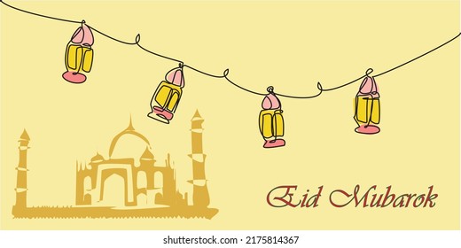 Continuous one line drawing of islamic ornament with lanterns, Silhouette of the mosque. Eid Mubarok greeting card, Ramadhan Kareem poster, banner design. Editable Vector illustration. Eps 10.