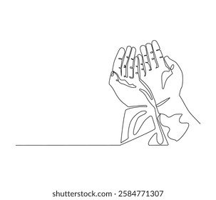 Continuous one line drawing of Islamic prayer hand. Single line drawing illustration symbol of Islamic prayer. Ramadan kareem concept vector art. Doodle line illustration.
