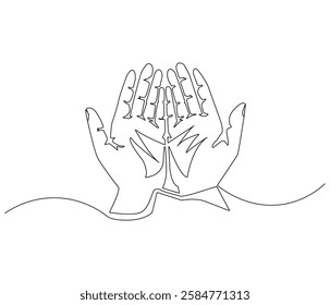 Continuous one line drawing of Islamic prayer hand. Single line drawing illustration symbol of Islamic prayer. Ramadan kareem concept vector art. Doodle line illustration.
