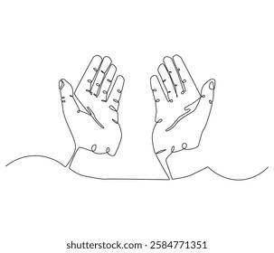 Continuous one line drawing of Islamic prayer hand. Single line drawing illustration symbol of Islamic prayer. Ramadan kareem concept vector art. Doodle line illustration.
