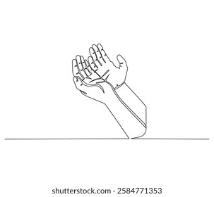 Continuous one line drawing of Islamic prayer hand. Single line drawing illustration symbol of Islamic prayer. Ramadan kareem concept vector art. Doodle line illustration.
