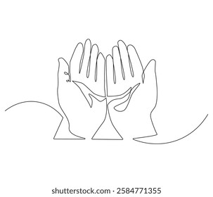Continuous one line drawing of Islamic prayer hand. Single line drawing illustration symbol of Islamic prayer. Ramadan kareem concept vector art. Doodle line illustration.

