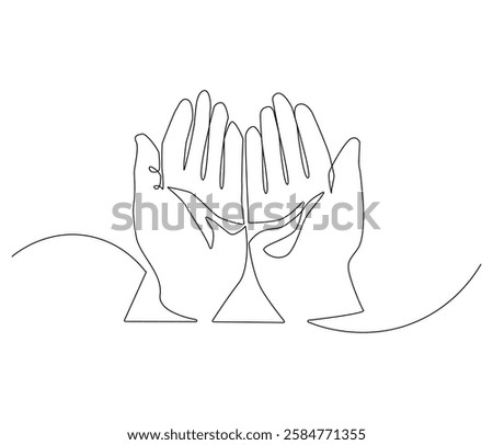 Continuous one line drawing of Islamic prayer hand. Single line drawing illustration symbol of Islamic prayer. Ramadan kareem concept vector art. Doodle line illustration.
