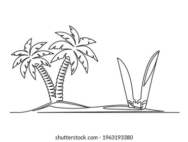 Continuous one line drawing of an island with palm trees and surfboards. Travel concept. Island with palm trees and surfboards isolated on a white background. Vector illustration