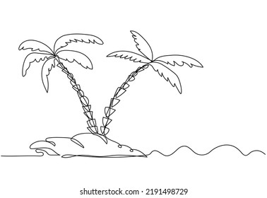 Continuous one line drawing of island with palms. Vector illustration on isolated background.