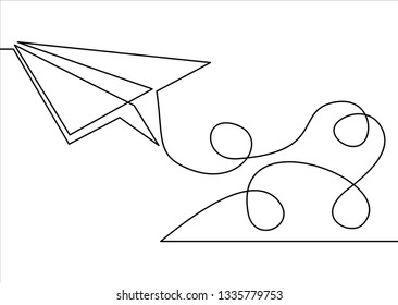 Continuous one line drawing of isolated vector object paper airplane is flying 