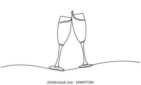 Dibujo continuo de una línea aislado en fondo blanco. Gafas de contorno de vectores de boceto de champán. Dos copas de vino de dibujo continuo de una línea. Arte minimalista de líneas de gafas de ánimo.