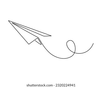 Continuous one line drawing of isolated vector object paper airplane is flying