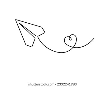 Continuous one line drawing of isolated vector object paper airplane is flying