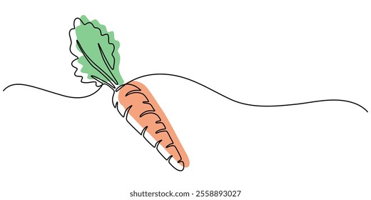 Continuous one line drawing of isolated carrot outline vector art illustration, Simple carrot in continuous one line art drawing design, Growing carrot plant minimalist outline vector, one line draw 