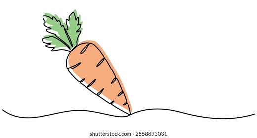 Continuous one line drawing of isolated carrot outline vector art illustration, Simple carrot in continuous one line art drawing design, Growing carrot plant minimalist outline vector, one line draw 