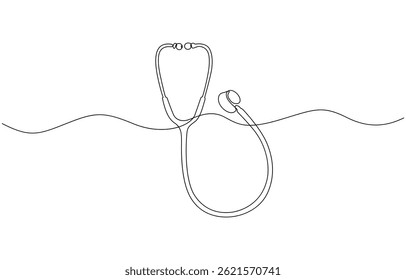 Continuous one line drawing of Isolated outline vector icon, Black outline of a stethoscope made with a single one line Medicine stethoscope single continuous line art silhouette on pro.