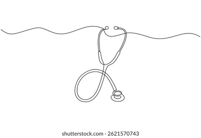 Continuous one line drawing of Isolated outline vector icon, Black outline of a stethoscope made with a single one line Medicine stethoscope single continuous line art silhouette on pro.