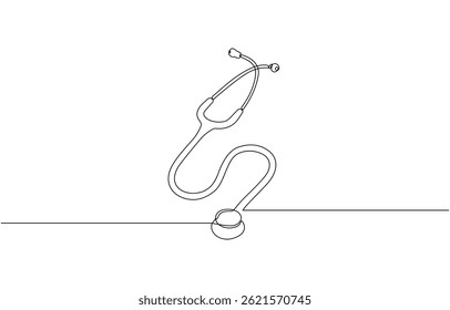 Continuous one line drawing of Isolated outline vector icon, Black outline of a stethoscope made with a single one line Medicine stethoscope single continuous line art silhouette on pro.