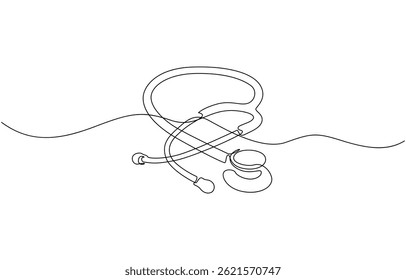 Continuous one line drawing of Isolated outline vector icon, Black outline of a stethoscope made with a single one line Medicine stethoscope single continuous line art silhouette on pro.