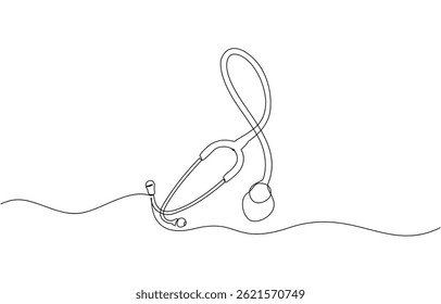 Continuous one line drawing of Isolated outline vector icon, Black outline of a stethoscope made with a single one line Medicine stethoscope single continuous line art silhouette on pro.