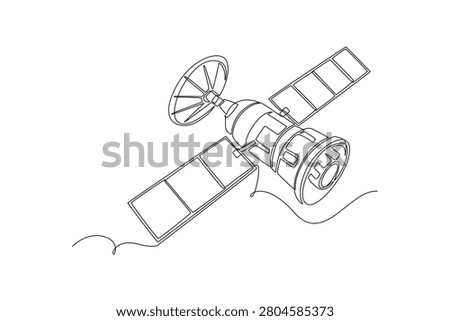 Continuous one line drawing an isometric satellite space vehicle with solar panels and a communication dish, representing cosmic network technology. Single line draw design vector graphic illustration