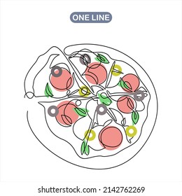 Continuous one line drawing of Italy pizza for restaurant logo badge. Italian pizzeria logotype template concept isolated on white background.