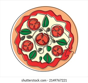 Continuous one line drawing of Italy pizza for restaurant logo badge. Italian pizzeria logotype template concept isolated on white background. Trendy single line draw design vector illustration