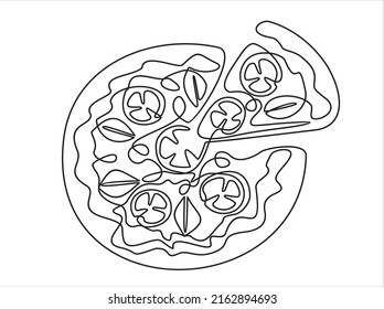 Dibujo continuo de una línea de pizza italiana para la insignia del logo del restaurante. El concepto de plantilla de logotipo de pizzería italiana aislado en fondo blanco. Ilustración del vector de diseño de líneas simples de moda