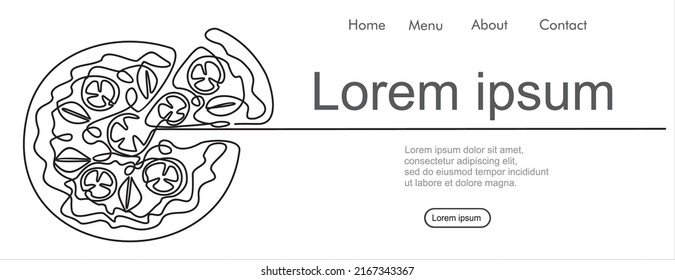 Continuous one line drawing of Italy pizza for restaurant logo badge. Italian pizzeria logotype template concept isolated on white background. Trendy single line draw design with quote template.