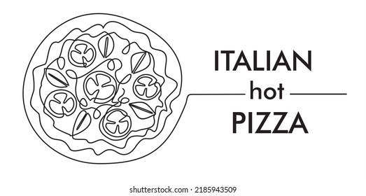 Continuous one line drawing of Italy pizza for restaurant logo badge. Italian pizzeria logotype template concept isolated on white background. Trendy single line draw design with quote template.