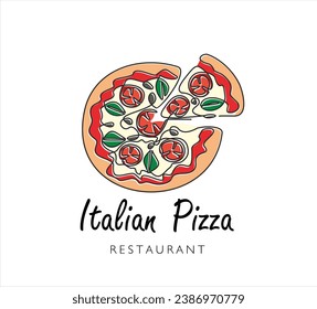 Dibujo continuo de una línea de pizza italiana para la insignia del logo del restaurante. El concepto de plantilla de logotipo de pizzería italiana aislado en fondo blanco. Diseño de traza de línea simple moderno con plantilla de presupuesto.