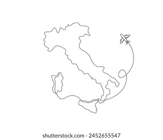 Continuous one line drawing of Italymap with airplane. Italy map combined with airplane simple outline vector illustration. Editable stroke.