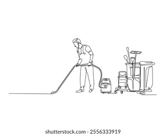 Continuous one line drawing of Janitor cleaning area with vacuum cleaner. Cleaning service worker in single line draw vector illustration. Editable vector. 
