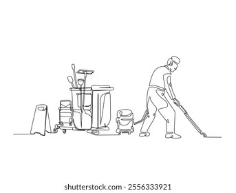 Continuous one line drawing of Janitor cleaning area with vacuum cleaner. Cleaning service worker in single line draw vector illustration. Editable vector. 
