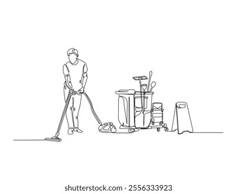 Continuous one line drawing of Janitor cleaning area with vacuum cleaner. Cleaning service worker in single line draw vector illustration. Editable vector. 
