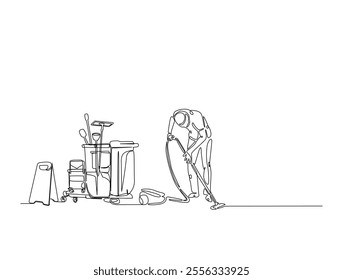 Continuous one line drawing of Janitor cleaning area with vacuum cleaner. Cleaning service worker in single line draw vector illustration. Editable vector. 
