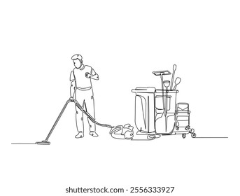 Continuous one line drawing of Janitor cleaning area with vacuum cleaner. Cleaning service worker in single line draw vector illustration. Editable vector. 
