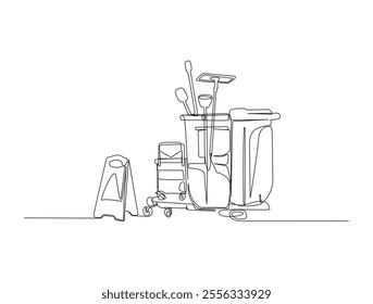 Continuous one line drawing of Janitor cleaning equiptment set. Wet floor caution, mop, vacuum cleaner. Editable vector. 
