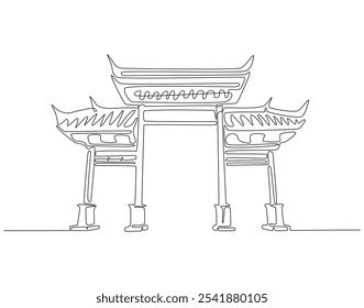 Desenho contínuo de uma linha do portão do japão. Ilustração de desenho de uma linha de torii. Arquitetura japonesa, conceito de templo xintoísta linha única. Estrutura de tópicos editável