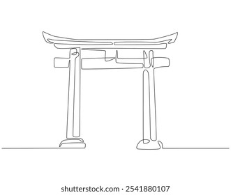 Desenho contínuo de uma linha do portão do japão. Ilustração de desenho de uma linha de torii. Arquitetura japonesa, conceito de templo xintoísta linha única. Estrutura de tópicos editável