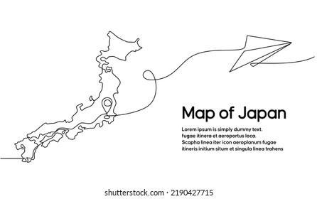 Continuous one line drawing of Japanese domestic aircraft flight routes. Japan map icon and airplane path of airplane flight route with starting point location and single line trail in doodle style.