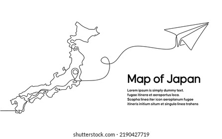 Continuous one line drawing of Japanese domestic aircraft flight routes. Japan map icon and airplane path of airplane flight route with starting point location and single line trail in doodle style.