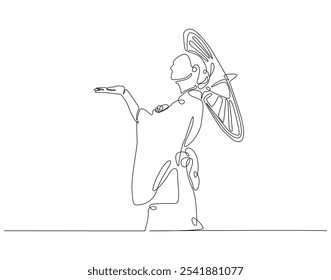 Continuous one line drawing of japanese woman wearing kimono. One line drawing illustration of woman wear kimono holding umbrella. Japanese culture concept single line. Editable outline