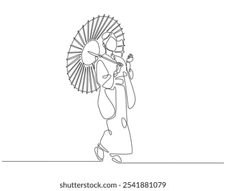 Continuous one line drawing of japanese woman wearing kimono. One line drawing illustration of woman wear kimono holding umbrella. Japanese culture concept single line. Editable outline